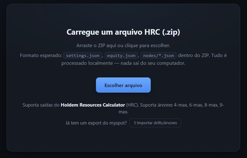 MySpot import screen with drag-and-drop area for HRC .zip files.