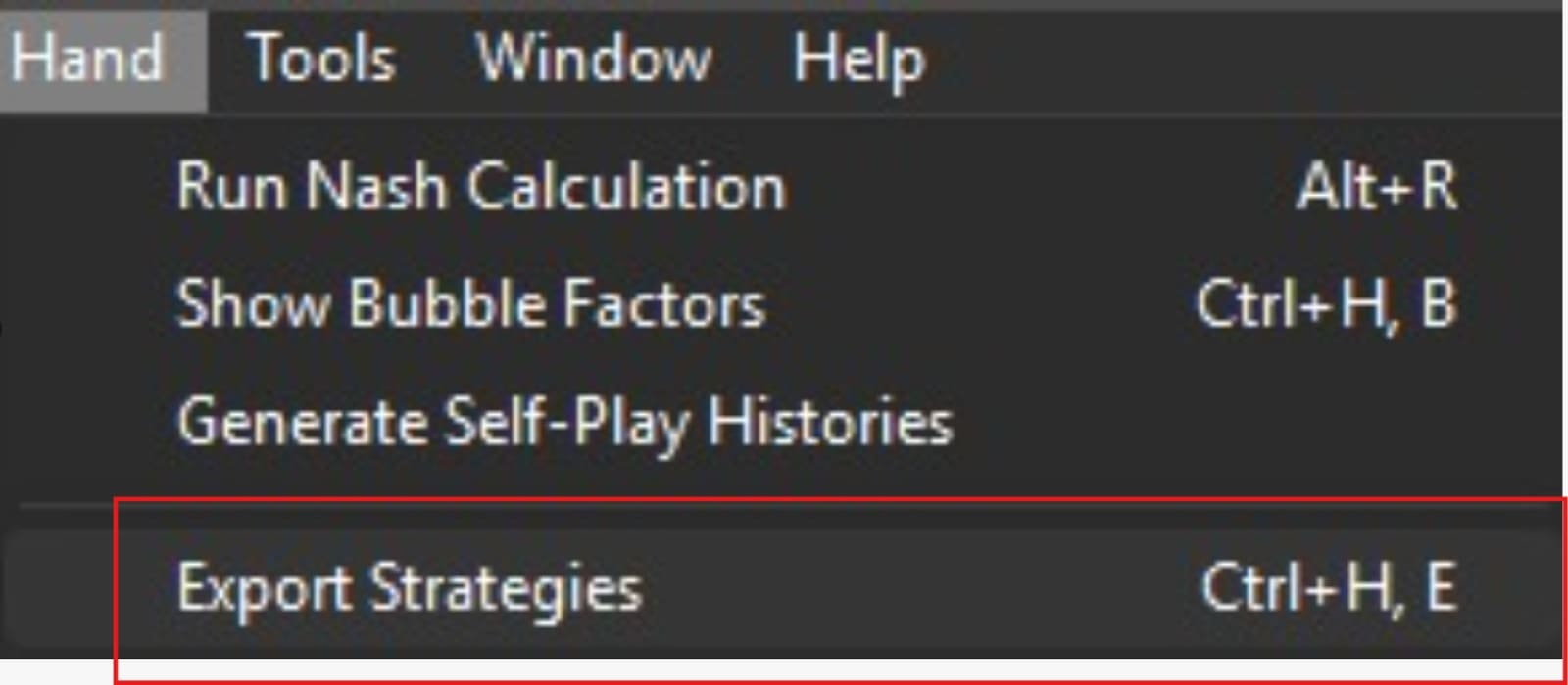 HRC menu showing Hand → Export Strategies option highlighted.